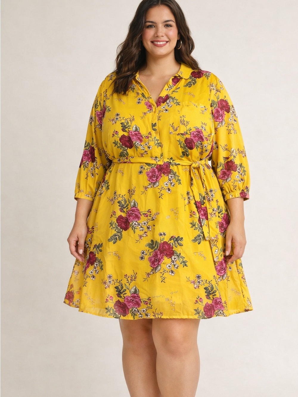 Mustard Yellow Floral Boho 3/4 Sleeve Button-down Dress XXXL